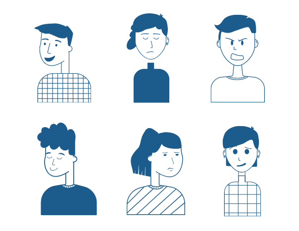six simple illustrations of faces showing emotions