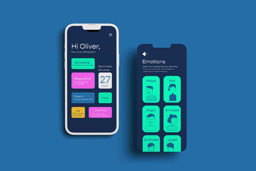 Mobile app mockup on medium blue background. Apps have a dark blue background with bright buttons